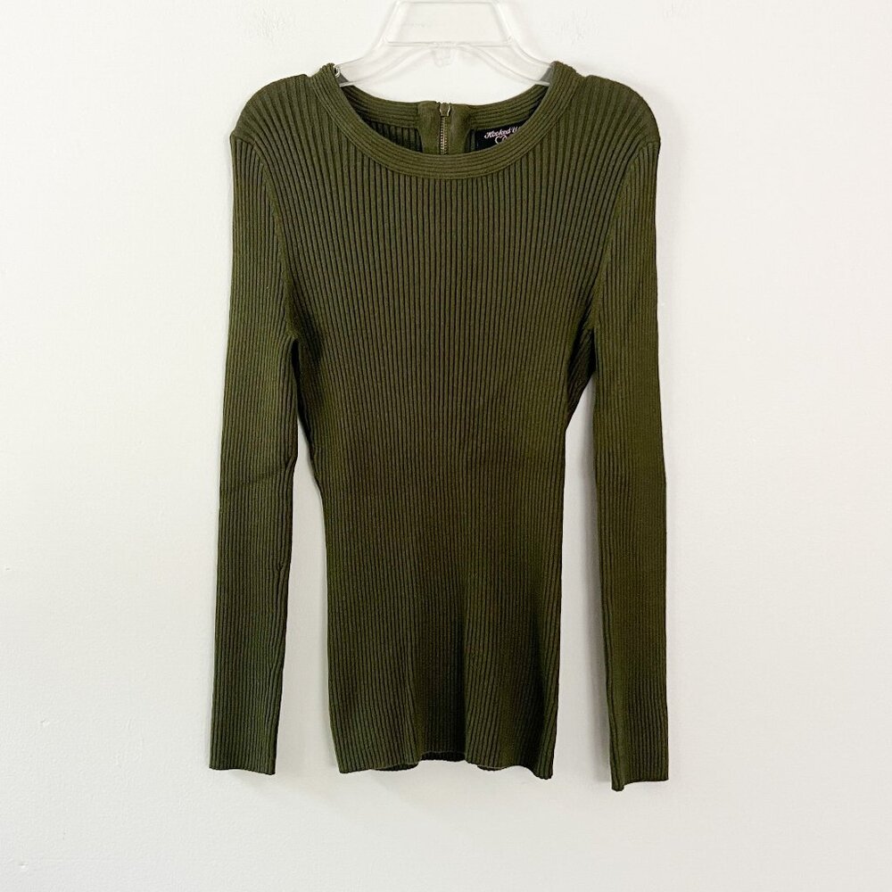 Hooked Up // Ribbed Knitted Round Neck Sweater Olive Green L